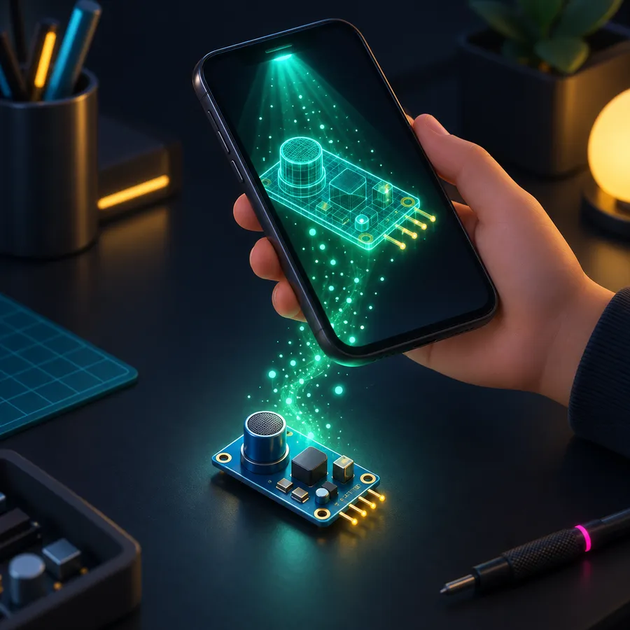 Смартфон сканирует модуль датчика, и из него появляется 3D-модель