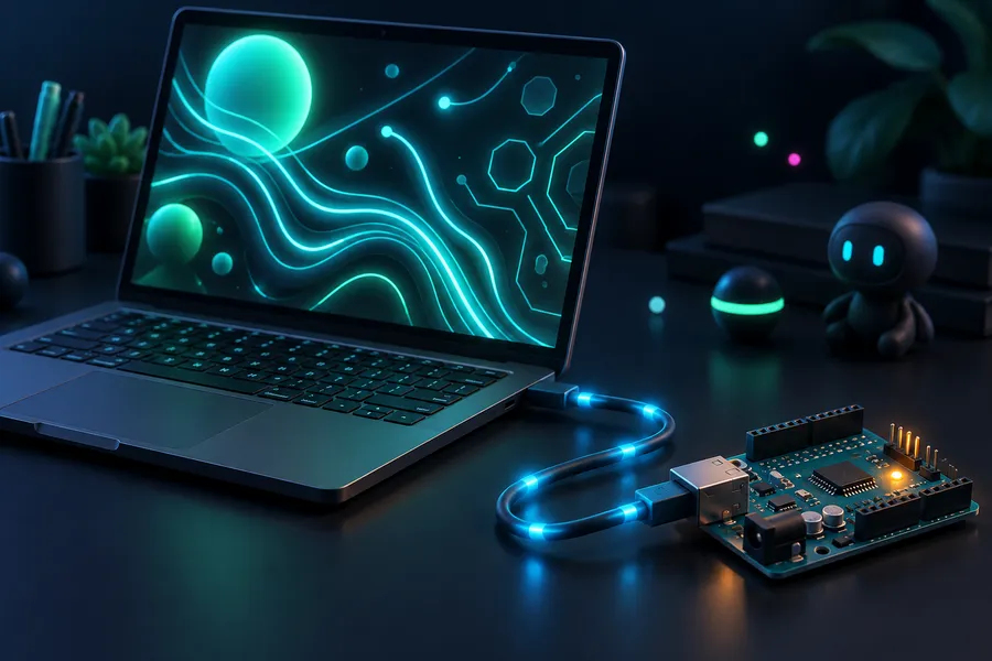 Ноутбук, соединённый USB-кабелем с платой Arduino, по кабелю бегут световые импульсы
