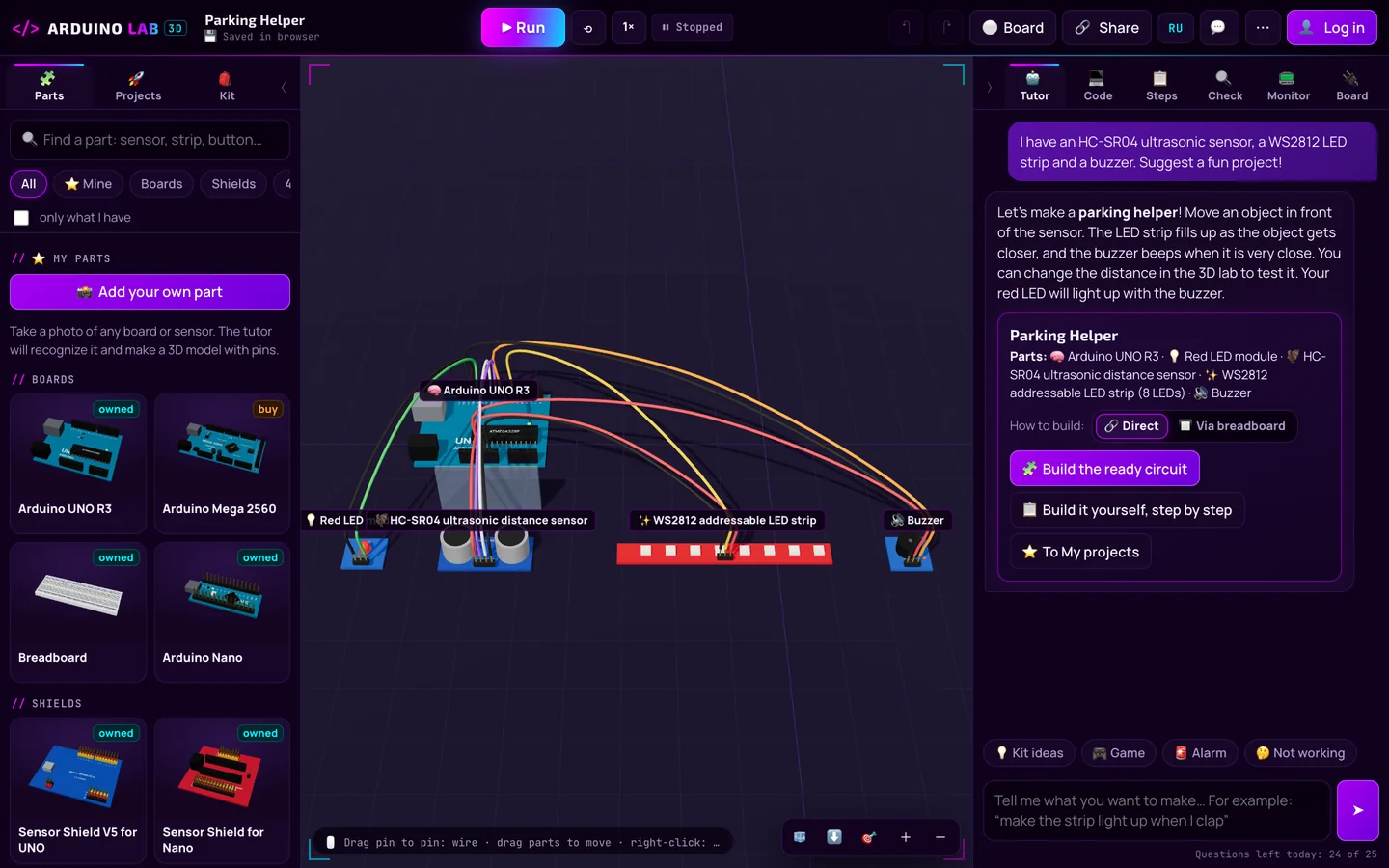 The AI helper suggests an Arduino project and explains the circuit