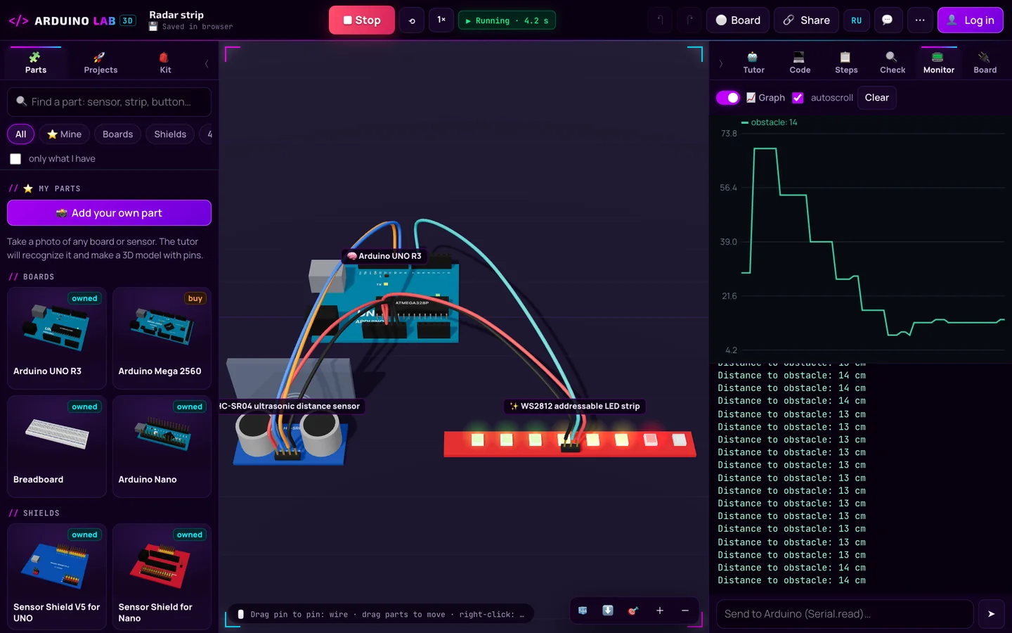 Arduino emulator in the browser: 3D circuit, code and serial monitor